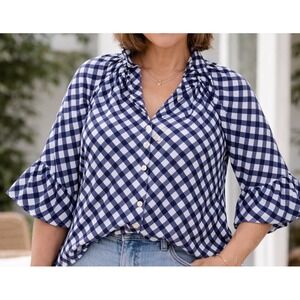 Ruby Rd Blue White Gingham Blouse Ruffle Bell Sleeve Button Front XL Cottagecore